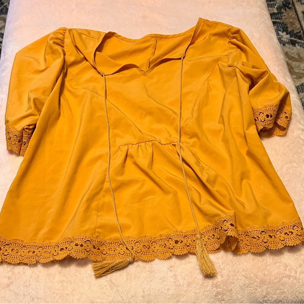 Mustard Yellow Blouse with Lace Trim